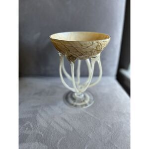 VTG Zorza Jellyfish Poland Art‎ Glass Bowl Pedestal Compote Beige Brown